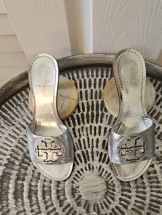 Tory Burch Shoes - Tory Burch Silver Metallic Logo Slide Mules